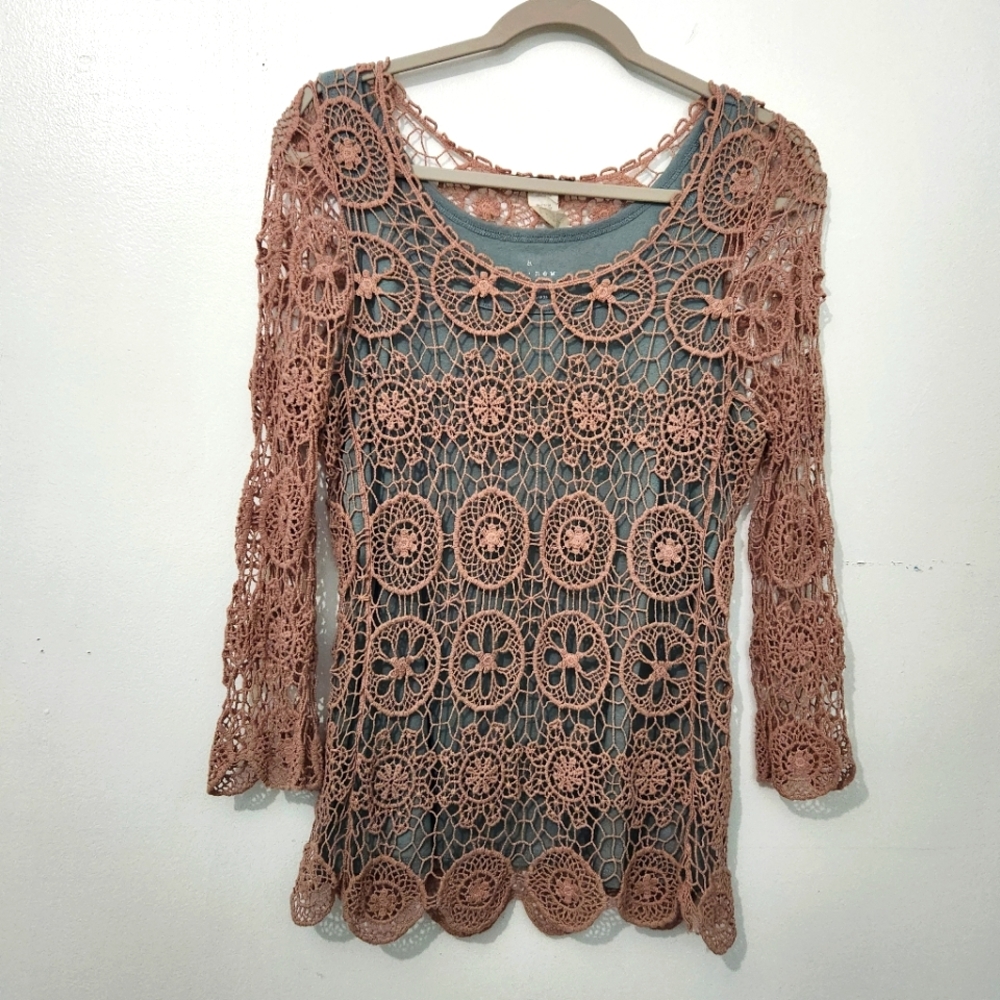 Deb Tan Crochet Small Long Sleeve Layer Top Festival Boho Bohemian  Scoop Neck